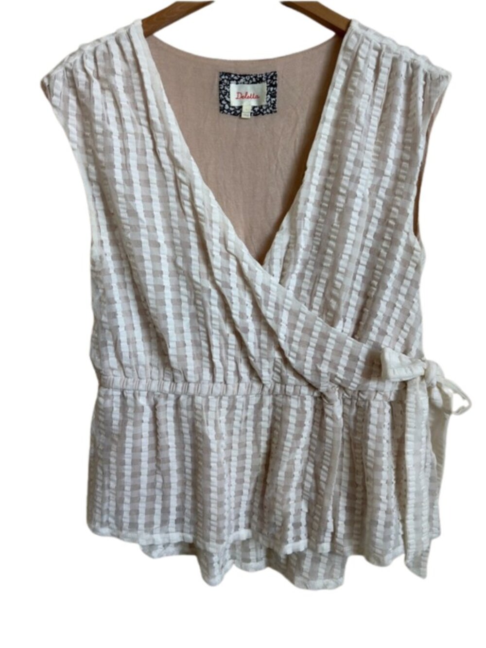 Anthropologie Deletta Faux Wrap Peplum Top L Ivory Textured Sleeveless Tie Waist